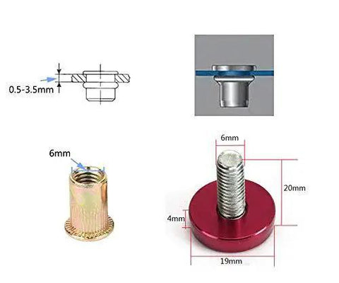 Detailed dimensions of Engine Dress Up Kit With CNC Billet Aluminum Washers Bolts Rivet Nuts Red, showing rivet nut and bolt measurements.