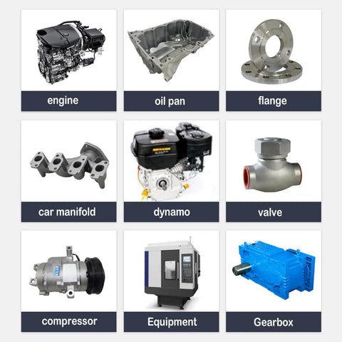 Grid of engine parts with items like an oil pan, valve, compressor, and gearbox, used with High Temperature Instant RTV Silicone Sealant Gasket Maker For Engine Parts Bonding 105g 3.7oz Oil Resistant Waterproof Flexible Sealant For Valve Seals And Gaskets.