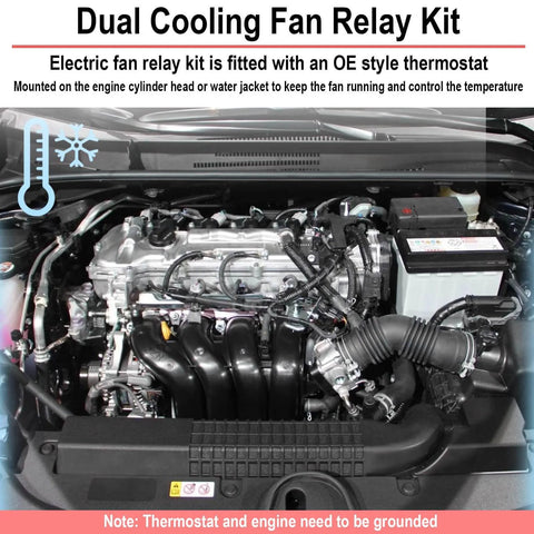 Car engine with dual cooling fan relay kit, OE style thermostat, visible wiring connections, and battery shown inside engine bay.