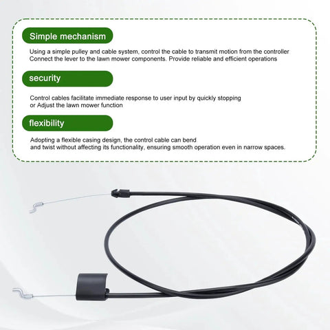Engine safety cable, 61.5 inches long, with Z-bend ends for walk-behind mowers shown on white background; details on mechanism and security.