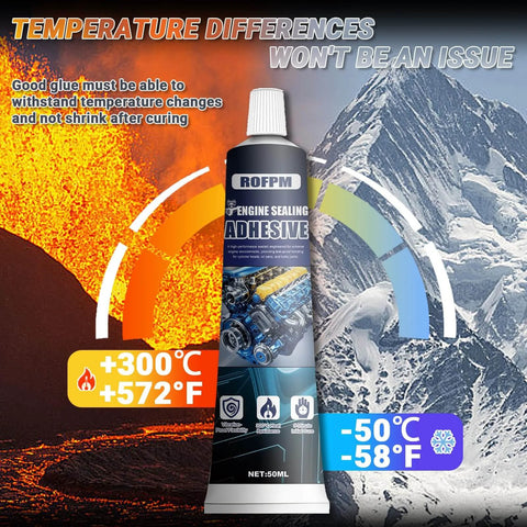 Oil Resistant Engine Silicone Sealant Gasket Maker, Sensor Safe And Flexible RTV Sealant For Engine Gaskets, Tough Vibration Proof And OEM Standard, Two Tubes in front of temperature graphic.