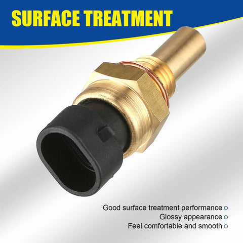 Automotive engine temperature sensor with brass body and black plastic plug, gold finish.