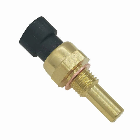 Engine coolant temperature sensor with brass threaded body, copper washer, and black plastic connector.