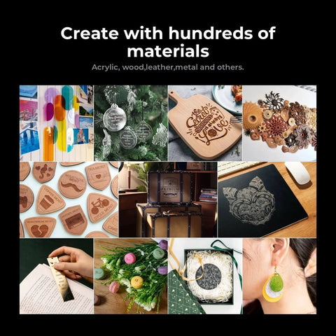Collage showing projects using 55W CO2 Laser Cutter And Engraver Desktop Machine for engraving on wood, acrylic, and leather.