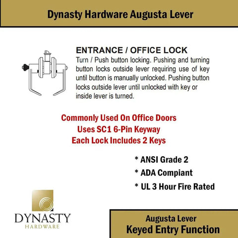 AUG-00-26D Grade 2 Commercial Duty Office Door Keyed Lever Lockset ADA Approved Satin Chrome Finish diagram