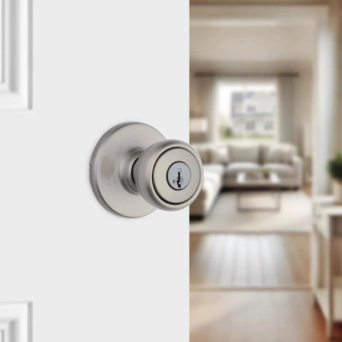 Tylo Entry Door Knob With Lock And Key For Exterior And Interior Doors Secure Keyed Handle For Front Entrance And Bedroom Satin Nickel Finish