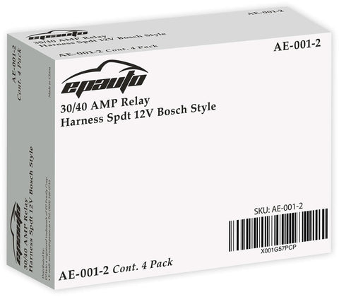 Beefy Built 30 40 Amp SPDT Relay Harness Kit For 12V Automotive Use Bosch Style 4 Pack With Relays Sockets Wires And Pigtails UL Listed 6 Inch Leads Included packaging box