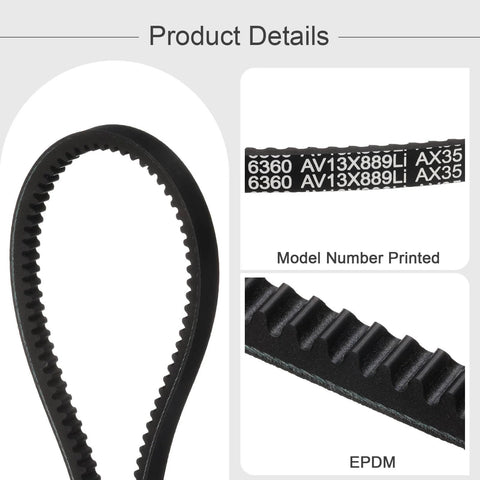 Detailed view of EPDM belt showing model number AV13X889Li and specifications