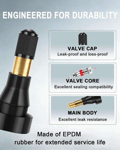 Riseuvo TR600 tire valve stems, 5-pack, brass core with black cap, EPDM rubber for 0.453 in rim holes.
