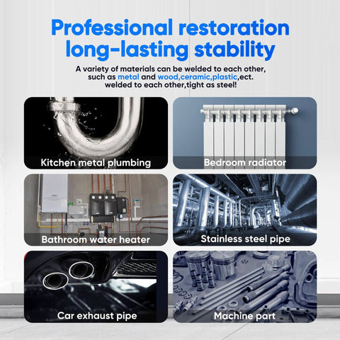 Collage showing uses of heavy duty epoxy adhesive for metal, plastic, ceramic, wood, and glass, including plumbing and automotive applications