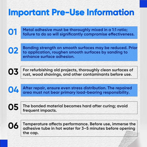 Pre-use information for Heavy Duty Epoxy Adhesive For Metal, Plastic, Ceramic, Wood And Glass, waterproof and quick-setting.