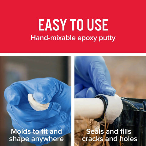 WaterWeld Epoxy Putty Stick 1 Hour Cure Underwater Repair Solution 2 Pack Off White 8277-2 being molded onto pipe and hole filled.