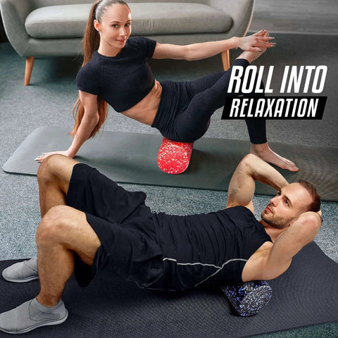 People using High Density EPP Round Foam Roller For Back Relief, Yoga And Pilates Training, Firm Deep Tissue Massage Tool, Blue Speckled 36 Inch
