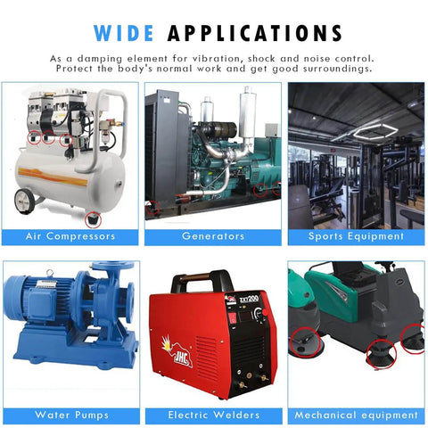 Wide applications of M6 rubber isolator mounts in air compressors, generators, water pumps, and mechanical equipment.