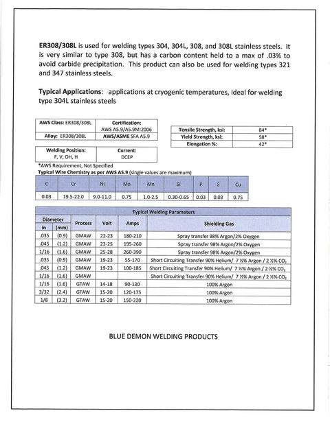 Technical specifications for Blue Demon ER308/308L Stainless Steel Welding Rods for cryogenic temperature applications.