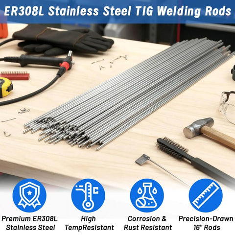 ER308L Stainless Steel TIG Welding Rods 0.0625 Inch Diameter 16 Inch Length Pack Of 20 Low Carbon Filler displayed on workbench.