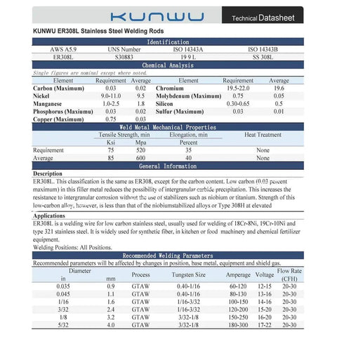 Technical datasheet for ER308L Stainless Steel TIG Welding Rods For 304L And 308L Welds, 0.0625 Inch Diameter, 36 Inch Length, 1 Pound Pack