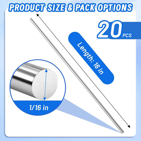 ER308L Stainless Steel TIG Welding Rods 0.0625 Inch Diameter 16 Inch Length Pack Of 20 size dimensions illustration
