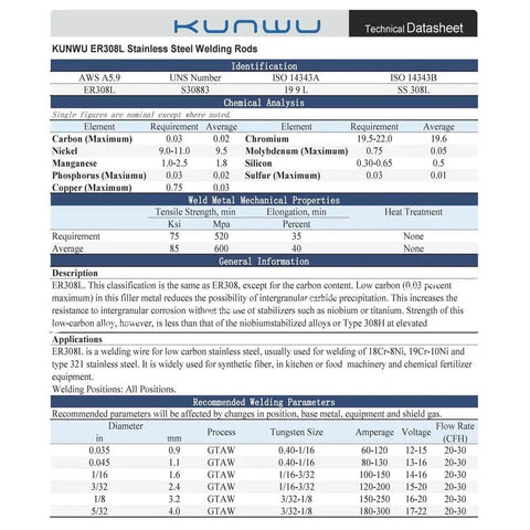 Technical datasheet for ER308L stainless steel TIG welding rods with chemical analysis and welding parameters.