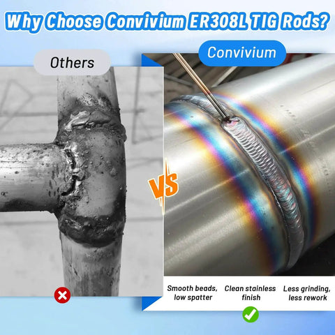 Comparison of Convivium ER308L TIG rods welding with smooth beads and clean finish versus uneven welds on stainless steel pipe.