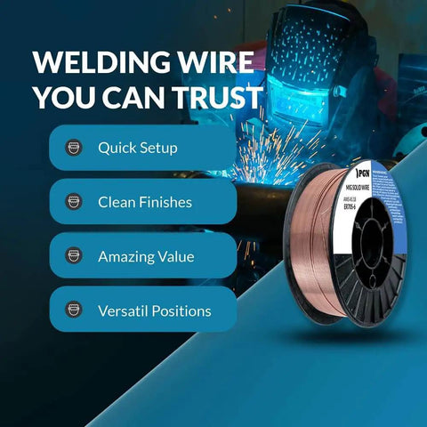 ER70S-6 Solid MIG Welding Wire.035 Inch 10 Pound Spool For All Position Gas Welding with Welder in Background