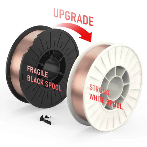 Comparison of fragile black spool and strong white spool for ER70S-6 MIG Wire Solid Carbon Steel.035 Inch 10 Lb Spool For DIY Friendly Feeds And Smooth Welds Copper Coated Wire With High Feedability Compatible With CO2 Or Argon CO2 Gas Mixes ABS Plastic Spool