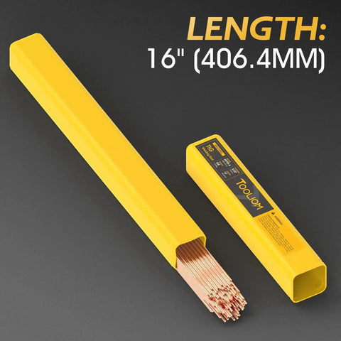 ER70S-6 Mild Steel TIG Filler Rod Copper Coated 3 32nd Inch Diameter 16 Inch Length 5 Pound Welding Wire showcased in yellow packaging