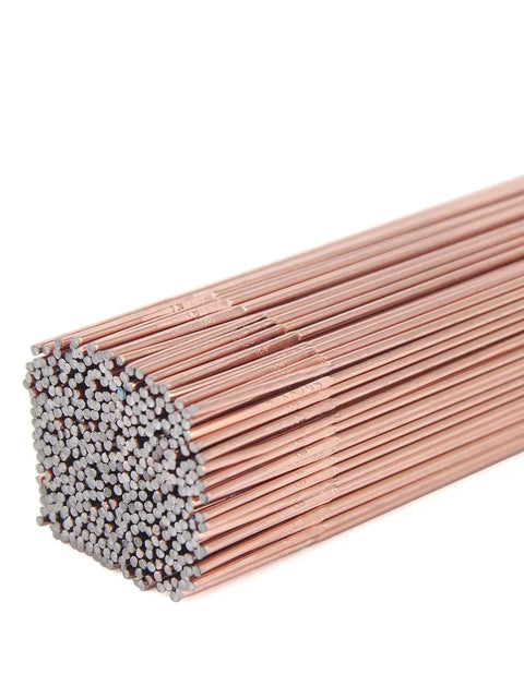 ER70S-6 TIG Welding Rod For Mild Steel One Sixteenth Inch By Sixteen Inch 5.5 Lb Pack close-up showing copper rods