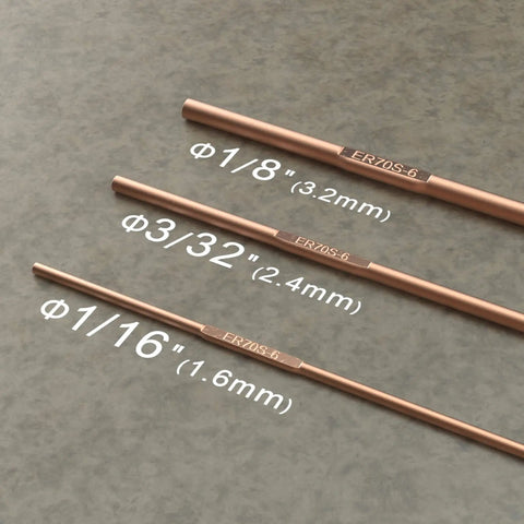 Three ER70S-6 TIG Welding Rods for Mild Steel shown in varying diameters including 1/16, 3/32, and 1/8 inch.