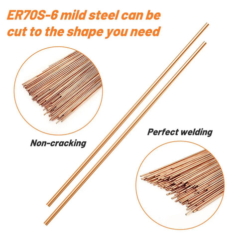 ER70S-6 TIG Welding Rods, copper plated, mild steel, shown in a bundle, close-up of one sixteenth inch diameter and sixteen inch length