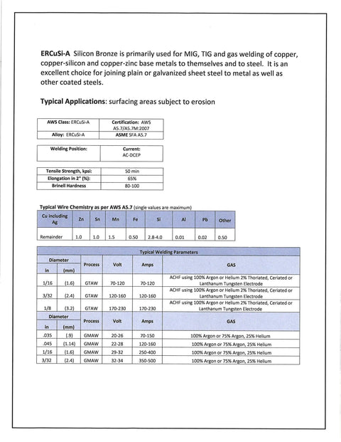 ER CuSi A TIG Rod For Aluminum Welding spec sheet detailing alloy composition and welding parameters