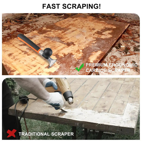 Comparison of premium ergonomic carbide scraper with traditional tool on wooden surface