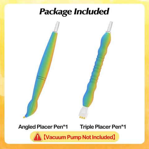 Ergonomic Vacuum Diamond Painting Pen Two Pack With Straight Tip And Angled Tip showing angled and triple placer pens, multicolor