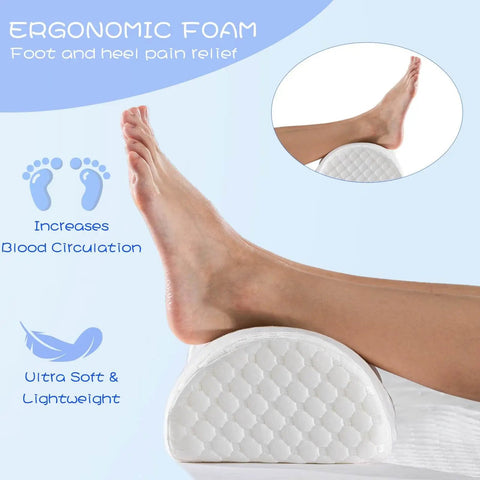 Leg resting on ergonomic foam footrest, designed for foot and heel pain relief, showcasing soft, lightweight support.