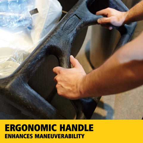 Close-up on ergonomic handle of Heavy Duty Tilt Dump Truck Cart For 450 Lb Loads With Wheels Ideal For Trash And Recycling In Construction And Industrial Environments Rubbermaid Commercial Tilt Dump Truck Half Cubic Yard Capacity Through Doors Elevators.