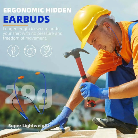 Worker using noise canceling wireless neckband earbuds for work and industrial safety, lightweight design shown with hammer in hand