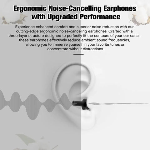 Illustration of ergonomic noise-cancelling earphones in an ear with sound wave graphic