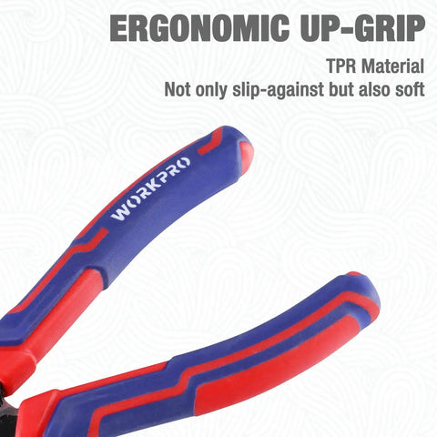 Close-up of Premium 8 Inch Needle Nose Pliers With Wire Cutter, Heavy Duty CRV Steel, Soft Grip Handles, Model W031269.