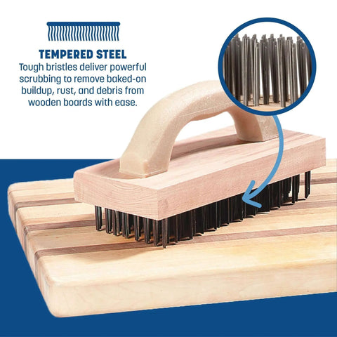 Ergonomic Steel Butcher Block Scratch Brush, 9-3/8” with tempered bristles on wooden cutting board