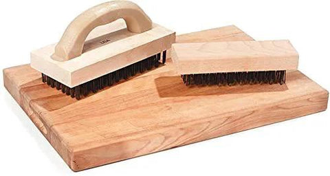 Ergonomic Steel Butcher Block Scratch Brush, 9-3/8", with tempering steel bristles on wooden cutting block