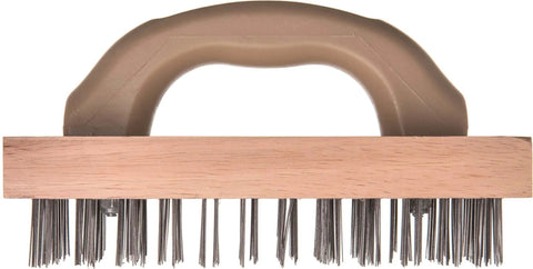 Top view of Ergonomic Steel Butcher Block Scratch Brush, 9-3/8", showing wood block and steel bristles.