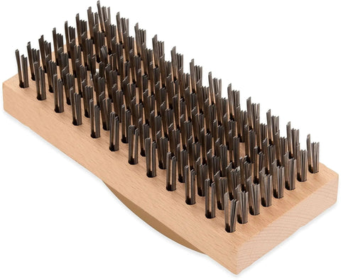 Ergonomic Steel Butcher Block Scratch Brush, 9-3/8” with tempered steel bristles and ergonomic wooden handle.