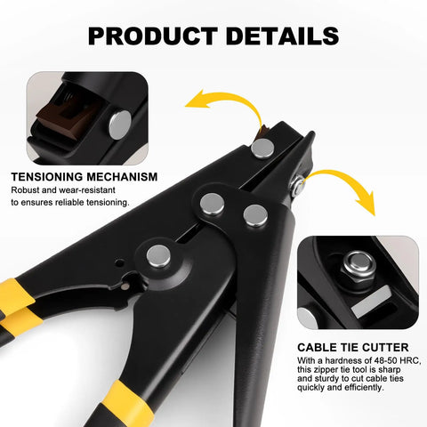 Black ergonomic zip tie tool with tensioning mechanism and cable tie cutter for 2.4-9 mm nylon ties, product details highlighted