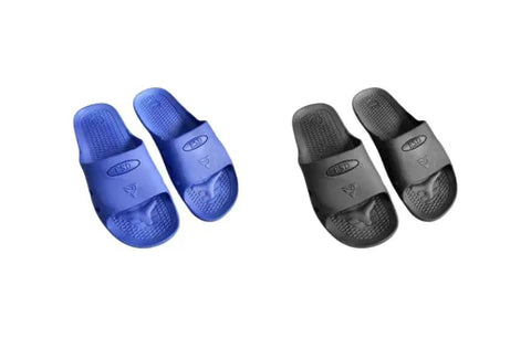 ESD Anti Static Slippers For Cleanrooms And Electronics All Day Comfy Breathable SPU Shoes With Slip Resistant Soles For Static Sensitive Work Areas And Dust Free Environments Black Size 46 Duoduotong, black and blue pairs displayed.