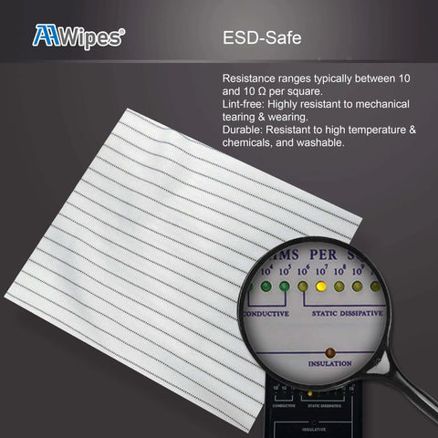 ESD Safe Cleanroom Wipes AAWipes 12x12 Inch 100 Pack Polyester Wiper Cloths With Conductive Yarn shown with magnified properties
