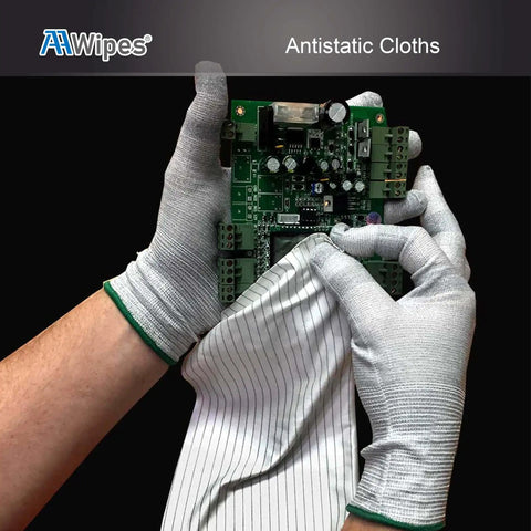 Hands using ESD Safe Cleanroom Wipes AAWipes 12x12 Inch on electronic circuit board.