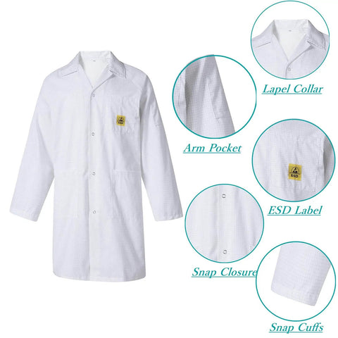 Front view of ESD Safe Lab Coat Unisex Medical Jacket Lapel Collar Smock with chest pocket and two lower pockets, white quick-dry material