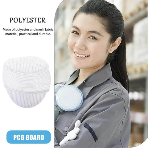 Anti Static Cleanroom Hat Breathable Working Cap shown with worker in electronics manufacturing setting, made of polyester and mesh.