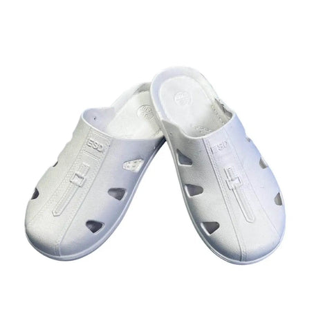 Pair of white ESD Safety Sandals for cleanroom and electronics work, anti static shoes with toe protection and breathable design