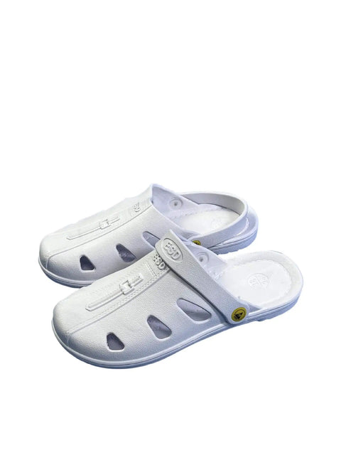 White ESD Safety Sandals For Cleanroom And Electronics Work Pro Grade Anti Static Shoes With Toe Protection shown side by side